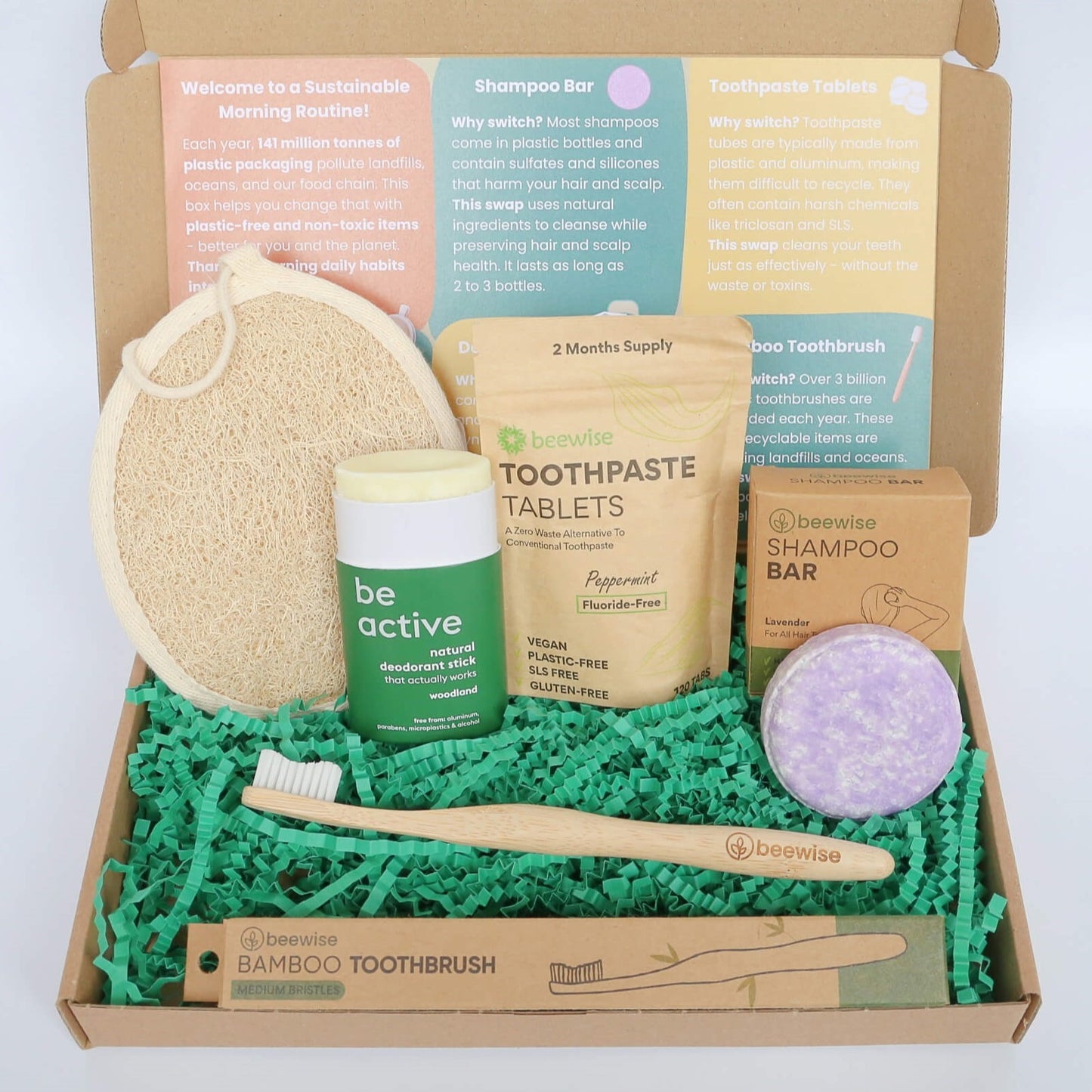 sustainable eco-friendly and plastic-free gift box to save the world every morning during the routine, with loofah sponge, shampoo bar, bamboo toothbrush, toothpaste tabs and deodorant stick