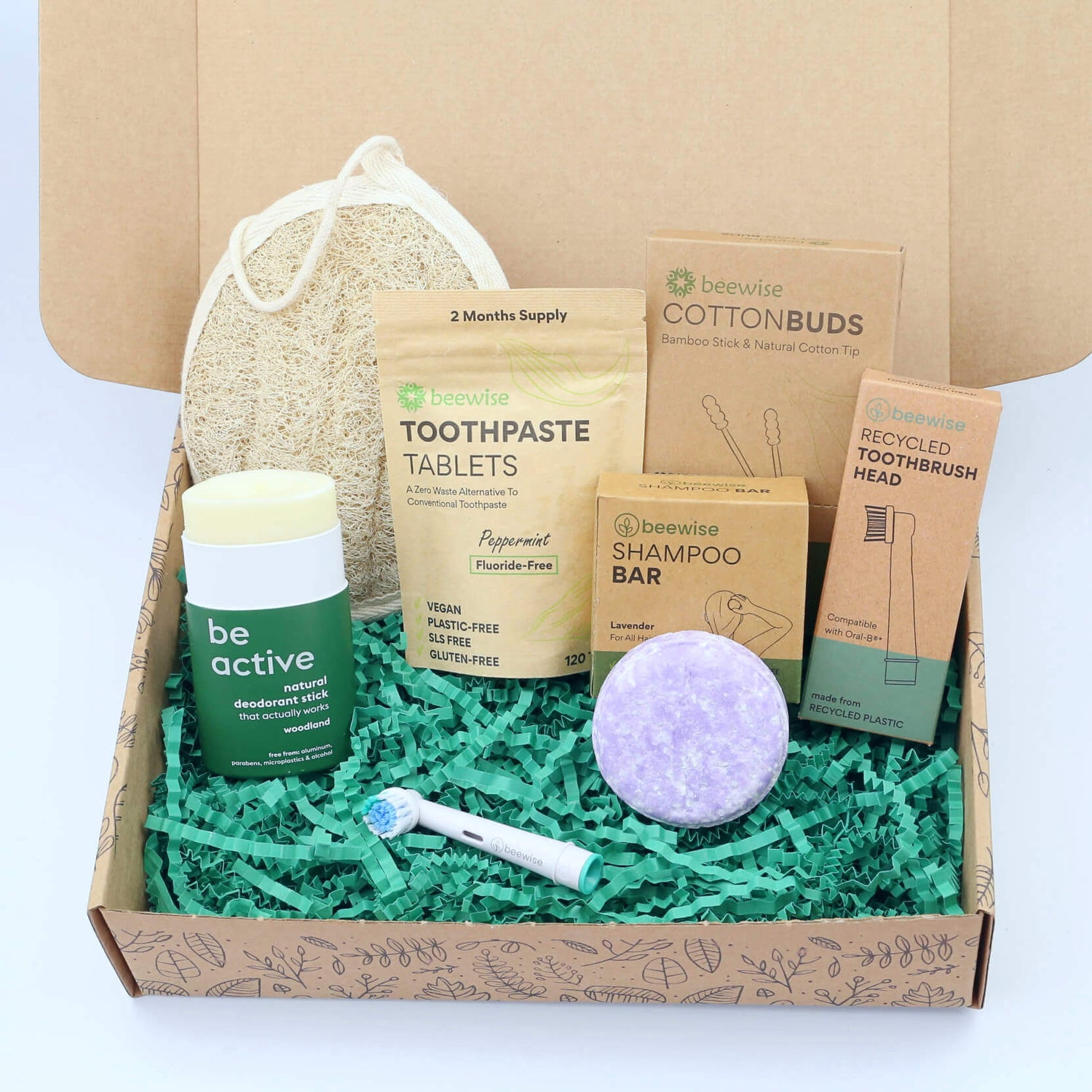 sustainable eco-friendly and plastic-free gift box to save the world every morning during the routine, with bamboo cotton buds, loofah sponge, shampoo bar, electric toothbrush oral B, toothpaste tabs and deodorant stick