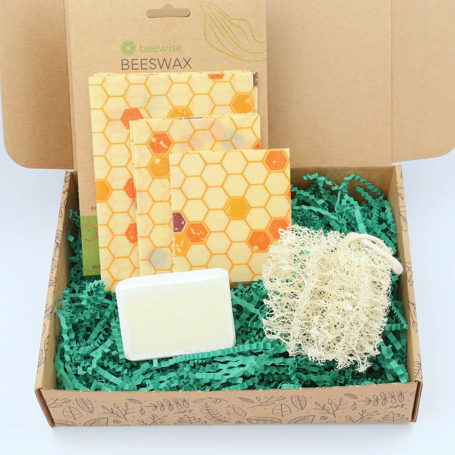 eco gift box with sustainable products with sustainable dish soap, beeswax wraps and loofah dish sponge