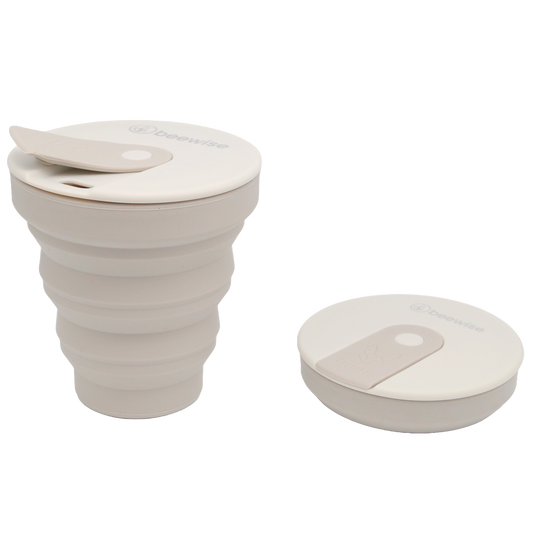 collapsible travel coffee silicone cup hunu with beewise grey warm colour
