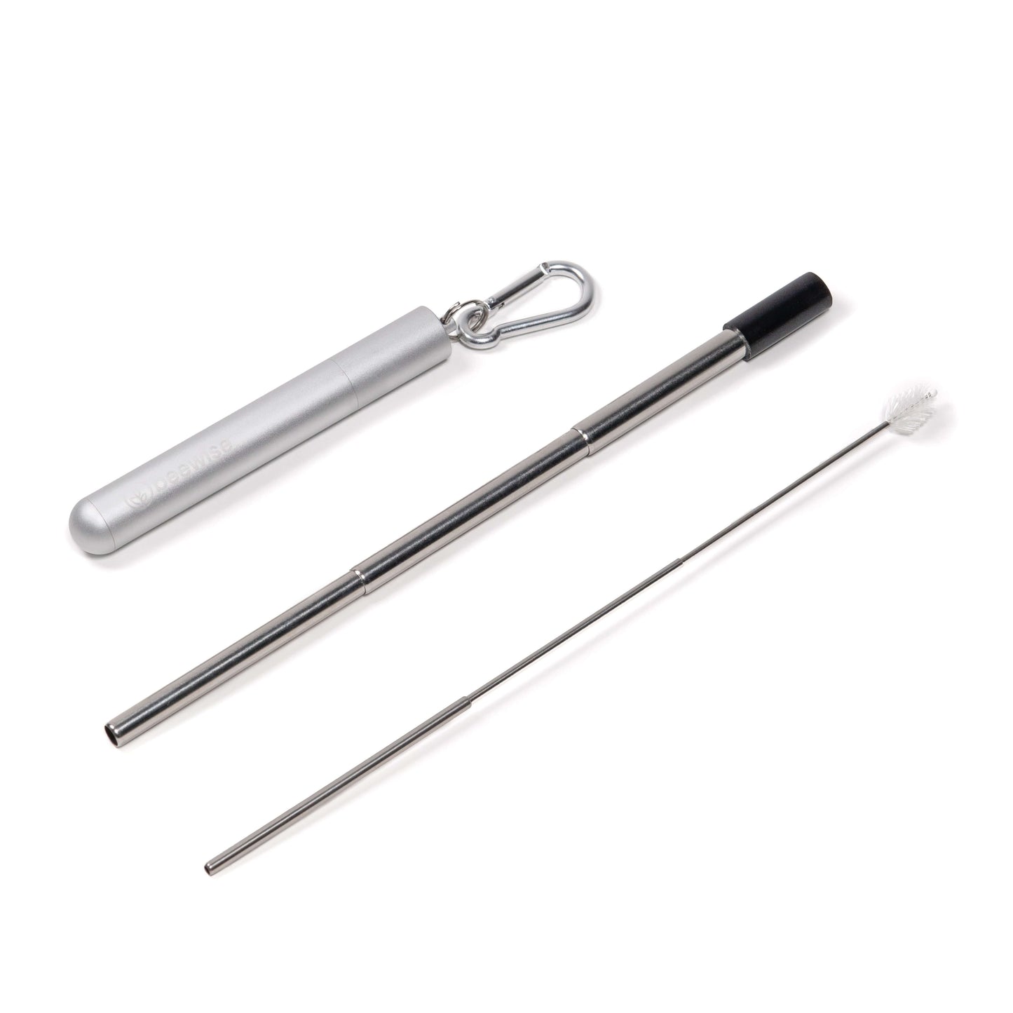 reusable straw collapsible silver case and silver colour with black tip showed expanded