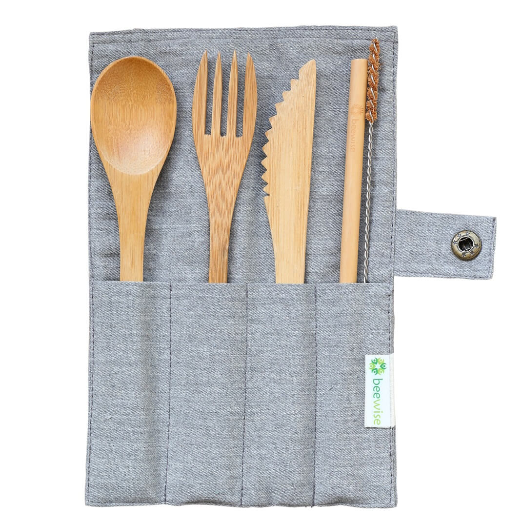 reusable zero waste bamboo cutlery set inside a cotton travel pouch from beewise