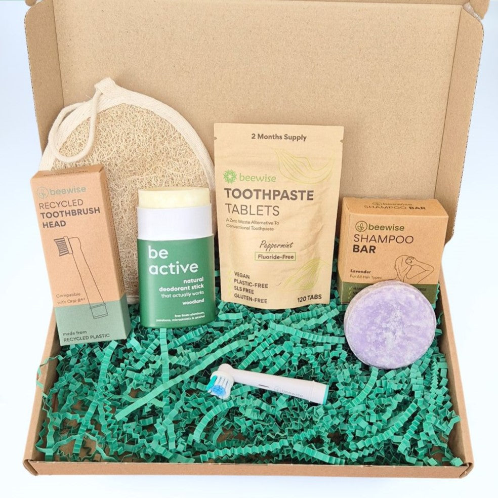 sustainable eco-friendly and plastic-free gift box to save the world every morning during the routine, with bamboo cotton buds, loofah sponge, shampoo bar, electric toothbrush oral B, toothpaste tabs and deodorant stick