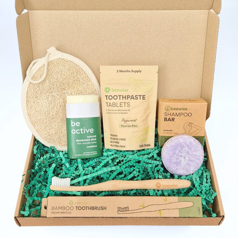 sustainable eco-friendly and plastic-free gift box to save the world every morning during the routine, with bamboo cotton buds, loofah sponge, shampoo bar, bamboo toothbrush, toothpaste tabs and deodorant stick