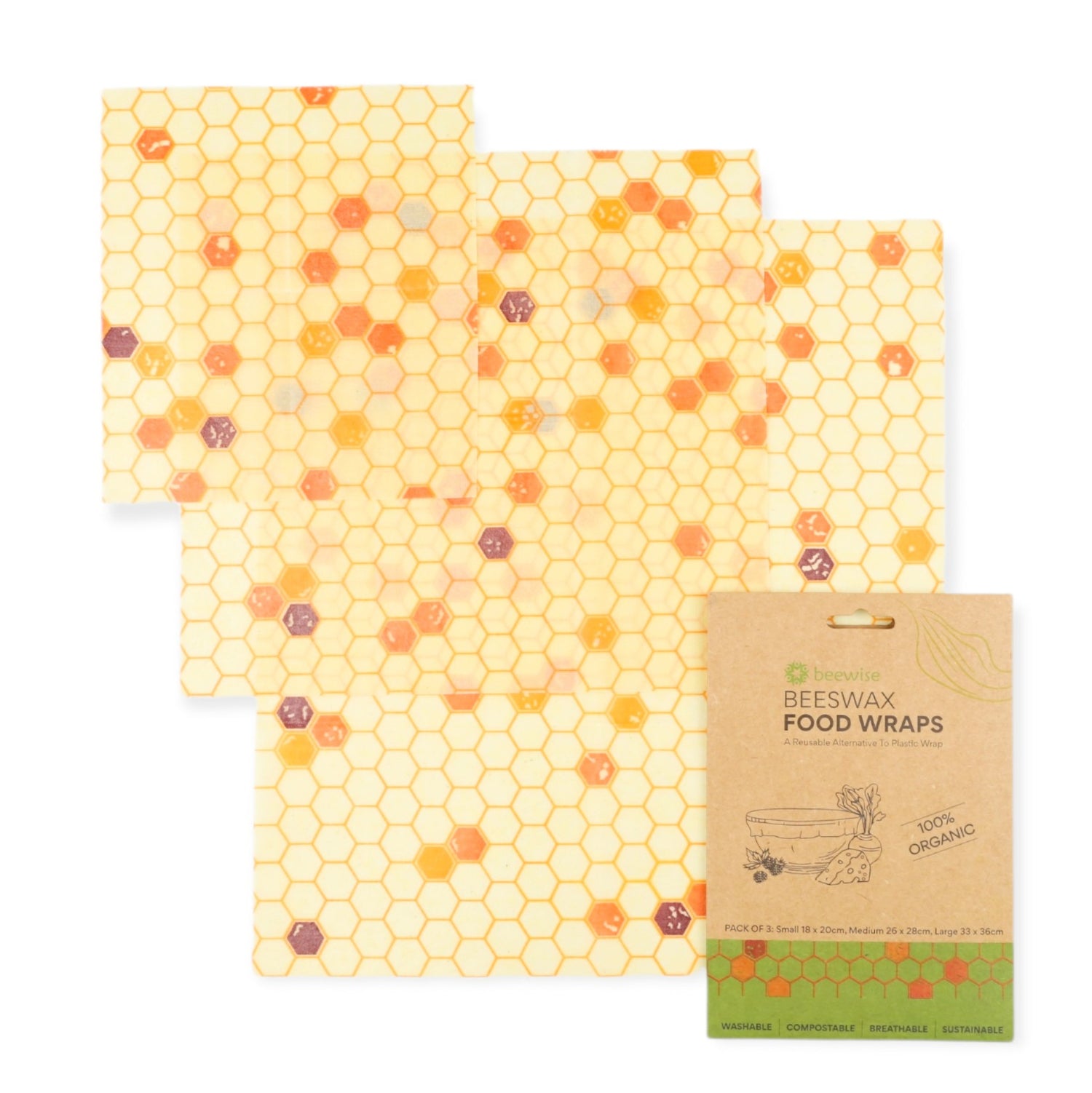 organic beeswax wrap made in France bijenwas doek a set of 3 wraps showing the sizes of beeswax wrap and the plastic-free packaging
