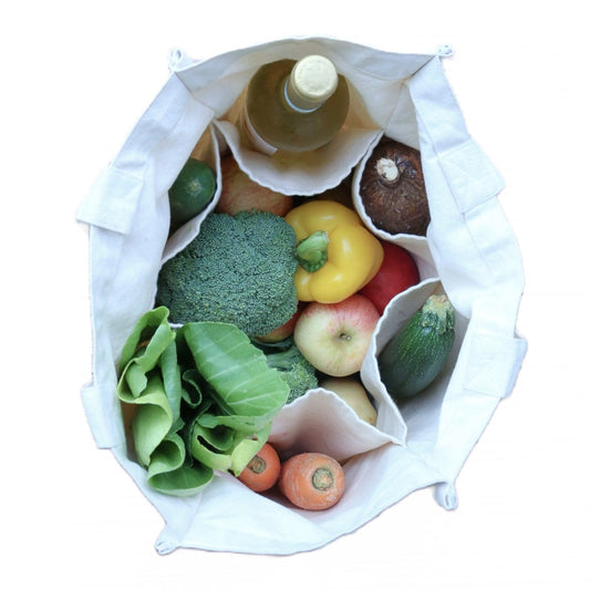 reusable Grocery Shopping Bag with Bottle Sleeves made with organic cotton shwoing the food being organized inside the sleeves