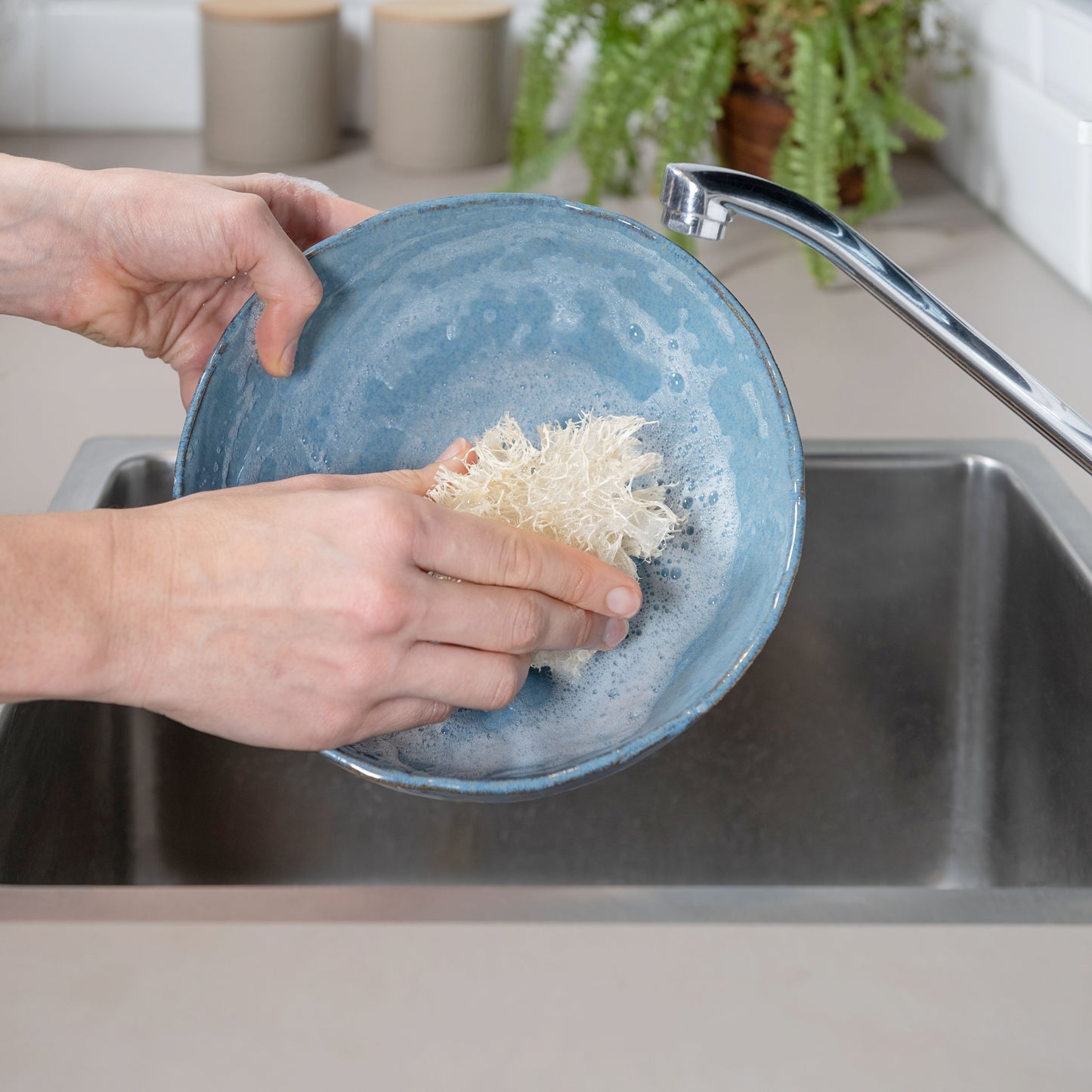 loofah kitchen sponge being showed washing a dish plastic-free