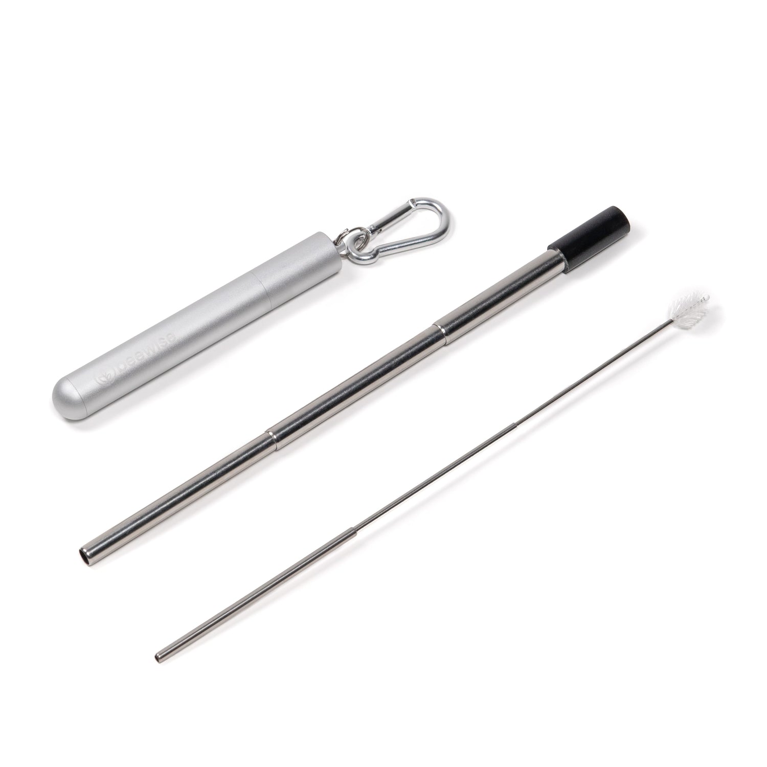 reusable straw collapsible silver case and silver colour with black tip showed closed