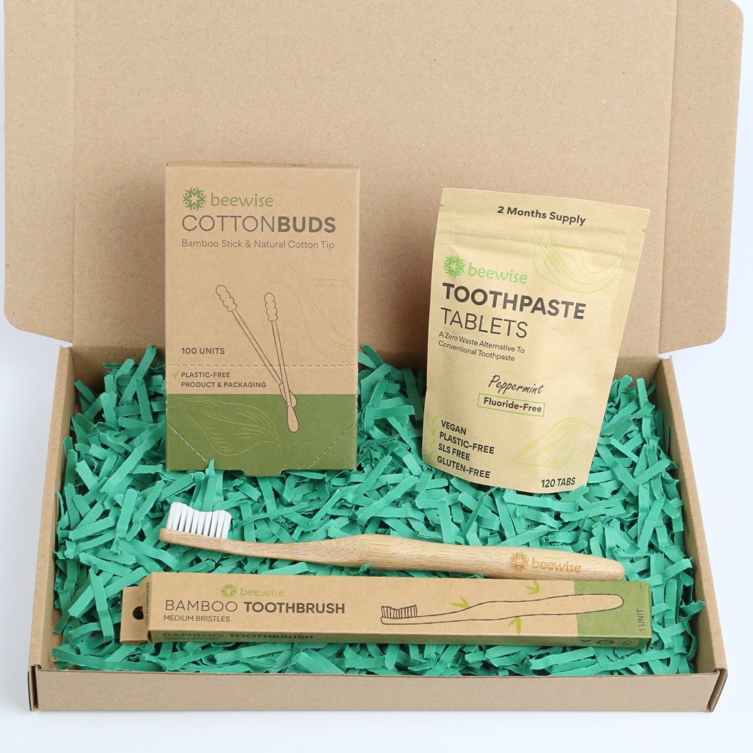eco gift box with bamboo products and toothpaste tablets