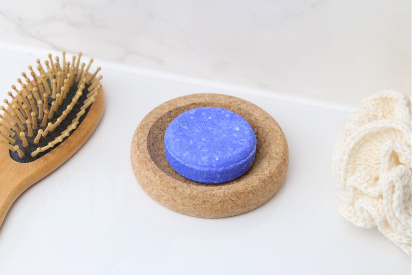 shampoo bar lavender solid blue bar lavendel handmade in the netherlands with comb, lavender plant and a towel