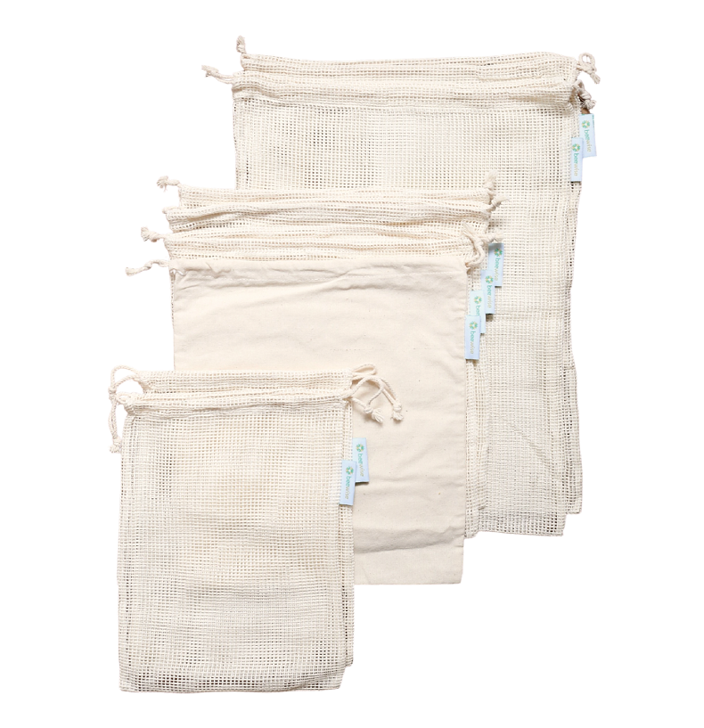 reusable produce bags mesh and bread bags made in 100% organic cotton check the sizes