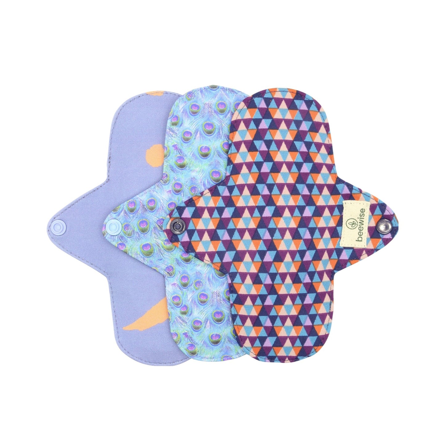 reusable menstrual pads made in brazil with cotton and a colourful pattern set of 3