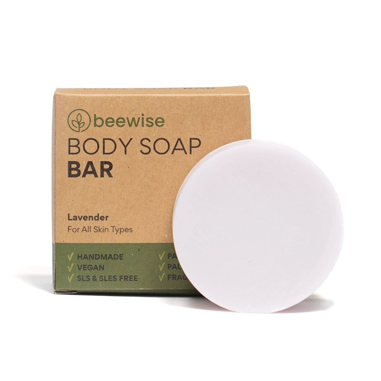 natural & vegan body bar lavender in front of a sustainable paper packaging