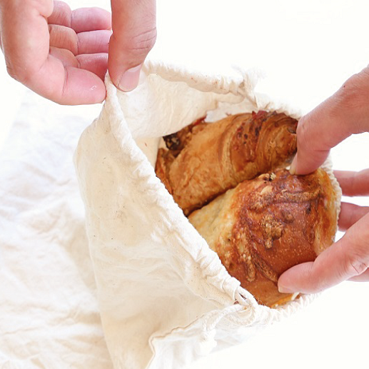 reusable produce bags mesh and bread bags made in 100% organic cotton shown with bread inside